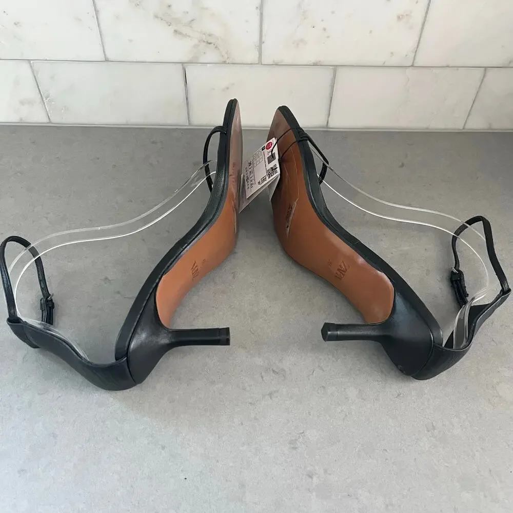 Zara Black Leather Ankle Strap Heeled Sandals Square Toe NWT Size 39 EU - Picture 6 of 13